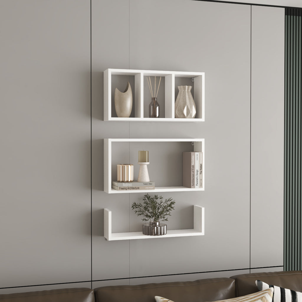Trego Wall Shelves Set of 3, Modern Floating Shelves for Home Storage and Decoration of Living Rooms, Studios, Office or Bedroom, White
