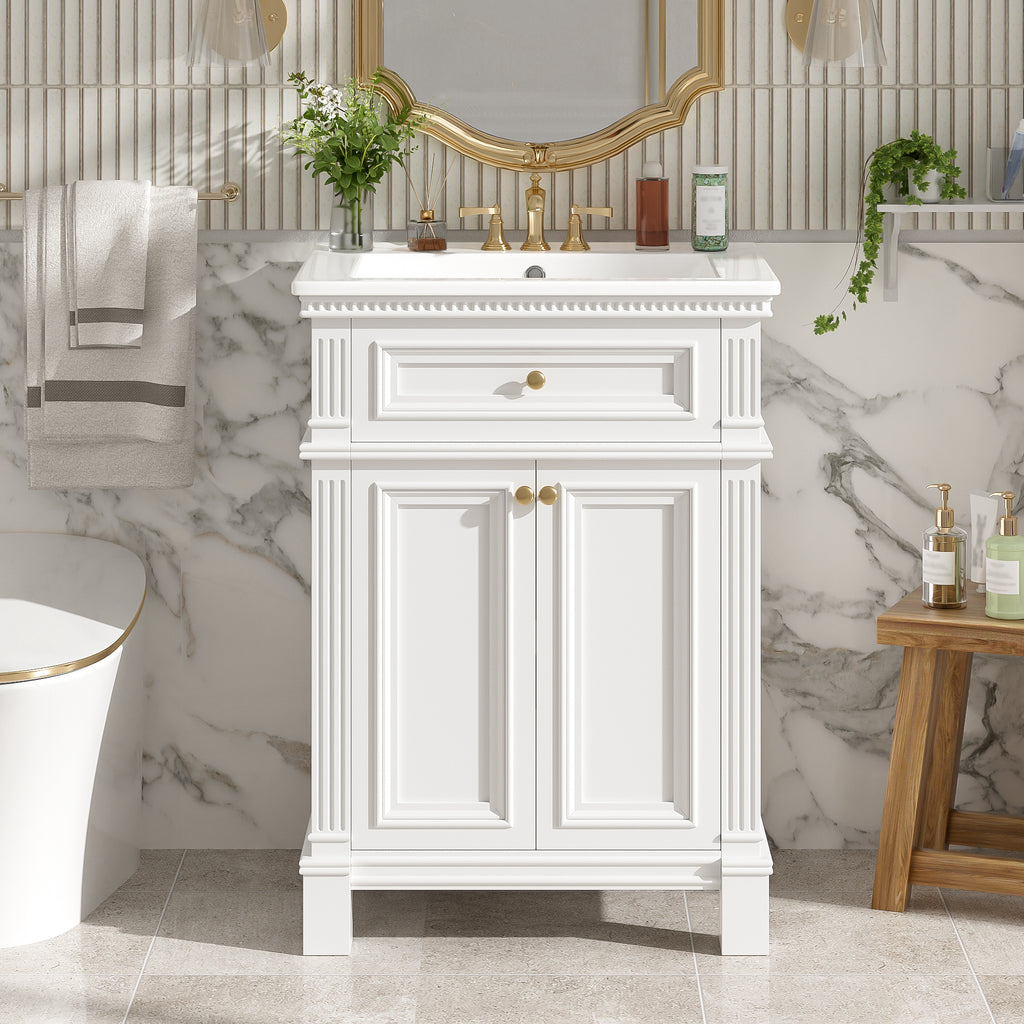 24'' Vintage Elegance Bathroom Cabinet with Soft Closing Doors and Adjustable Shelf, Bathroom Vanity with Ceramic Sink