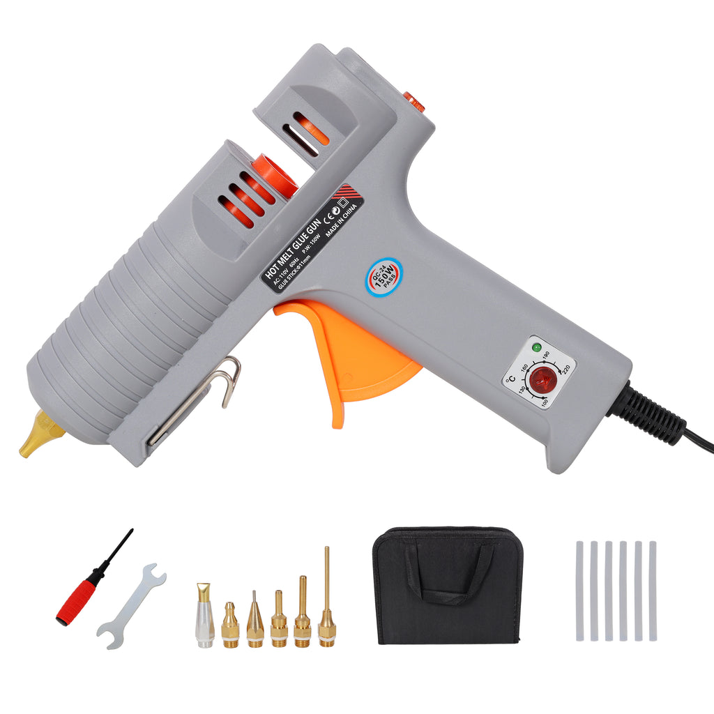 150W Hot Glue Gun, Temperature Adjustable Professional Glue Gun with 6 Copper Nozzles, DIY Craft Repair Thermo Tool with 6Pcs Highly Viscous Glue Sticks, with Black Storage Bag