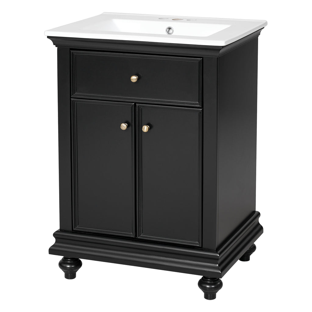 Modern Bathroom Vanity with Tip-Out Drawer and Soft-Close Hinges, Black Ceramic Sink, Ball-Turned Legs, French Elegance Style, 24' x 18.3' x 33.8'