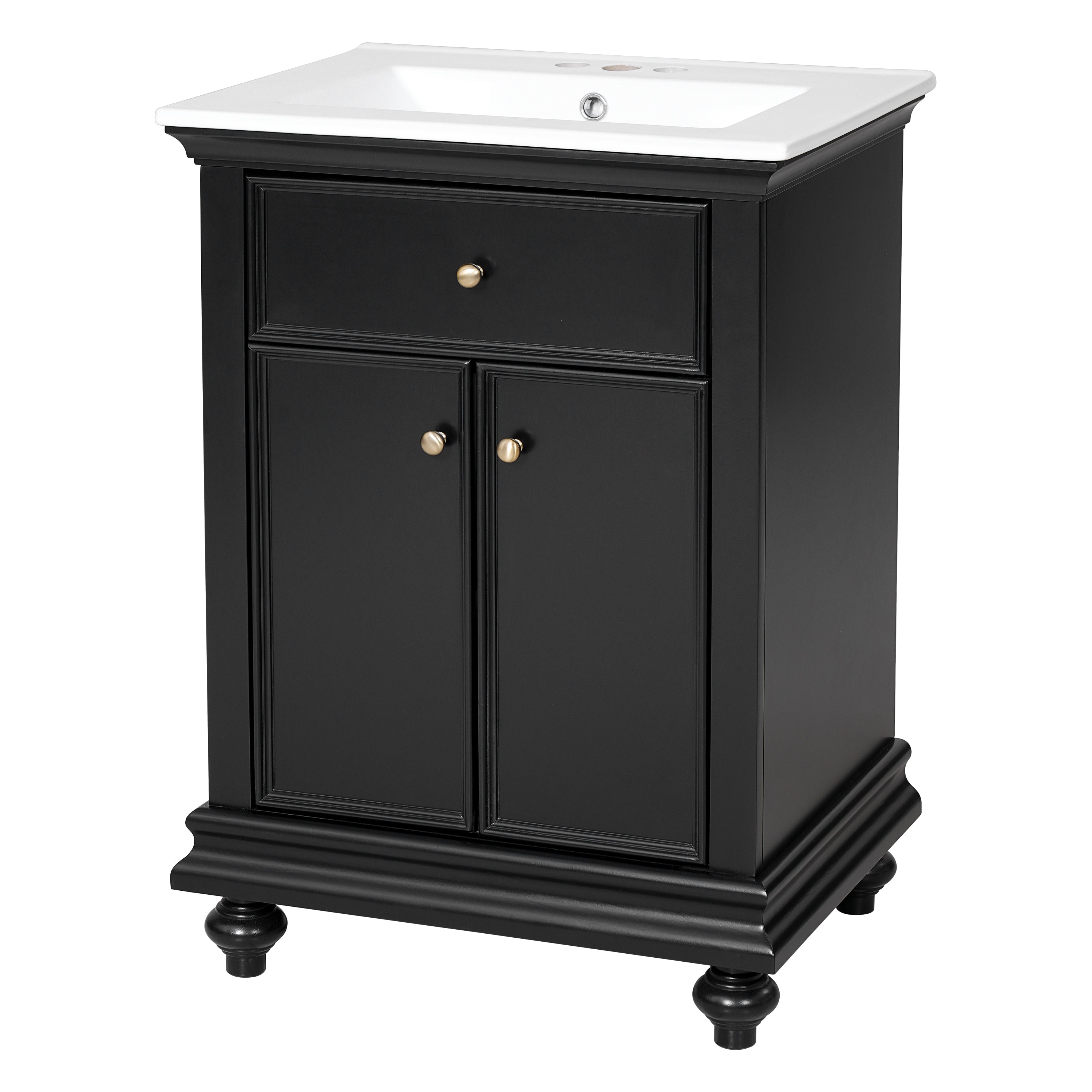 Modern Bathroom Vanity with Tip-Out Drawer and Soft-Close Hinges, Black Ceramic Sink, Ball-Turned Legs, French Elegance Style, 24' x 18.3' x 33.8'