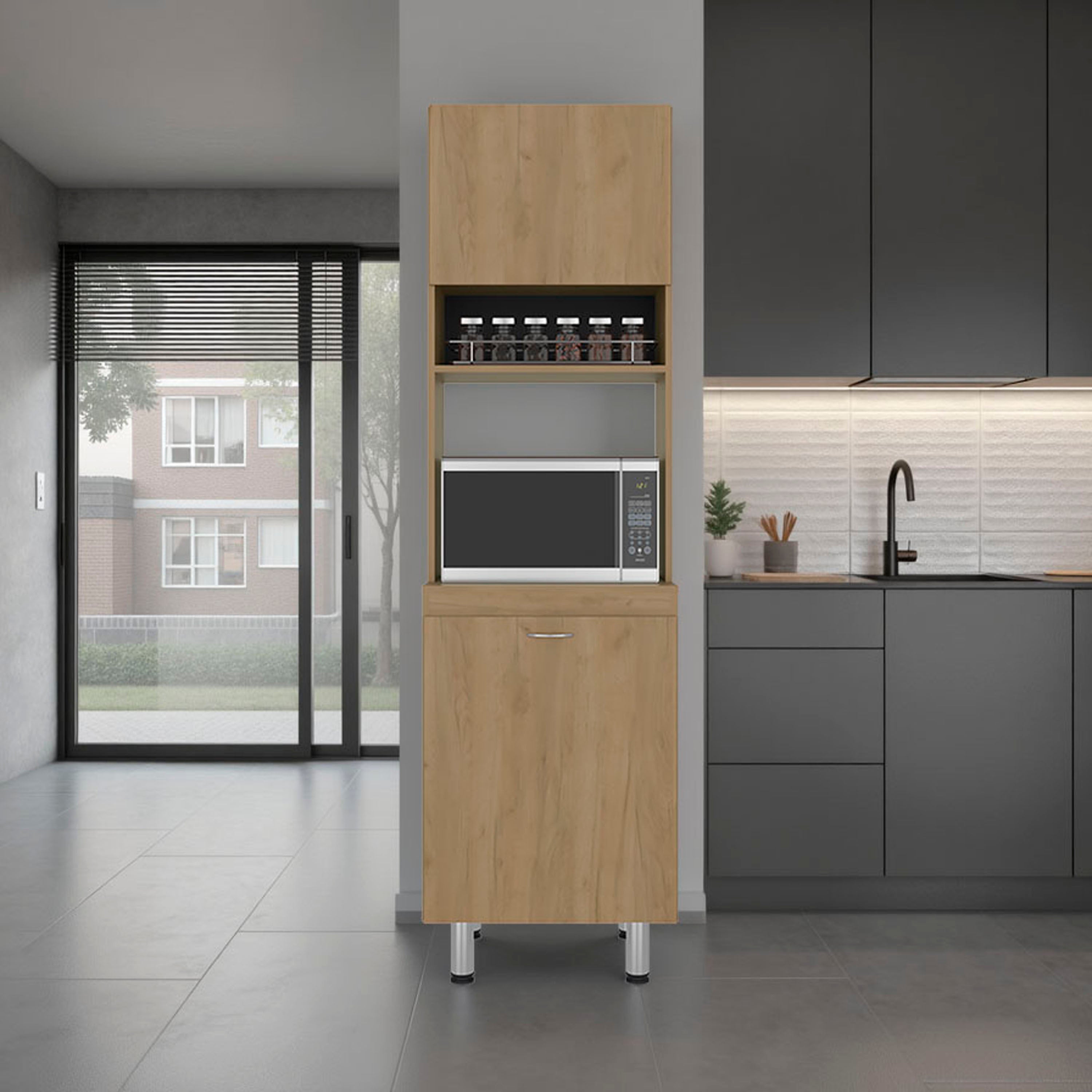 Austin Tall Freestanding Kitchen Pantry and Cabinet with Open Space for Microwaves or Coffee Station, One Superior Cabinet, One Low Storage Cabinet and Open Shelf
