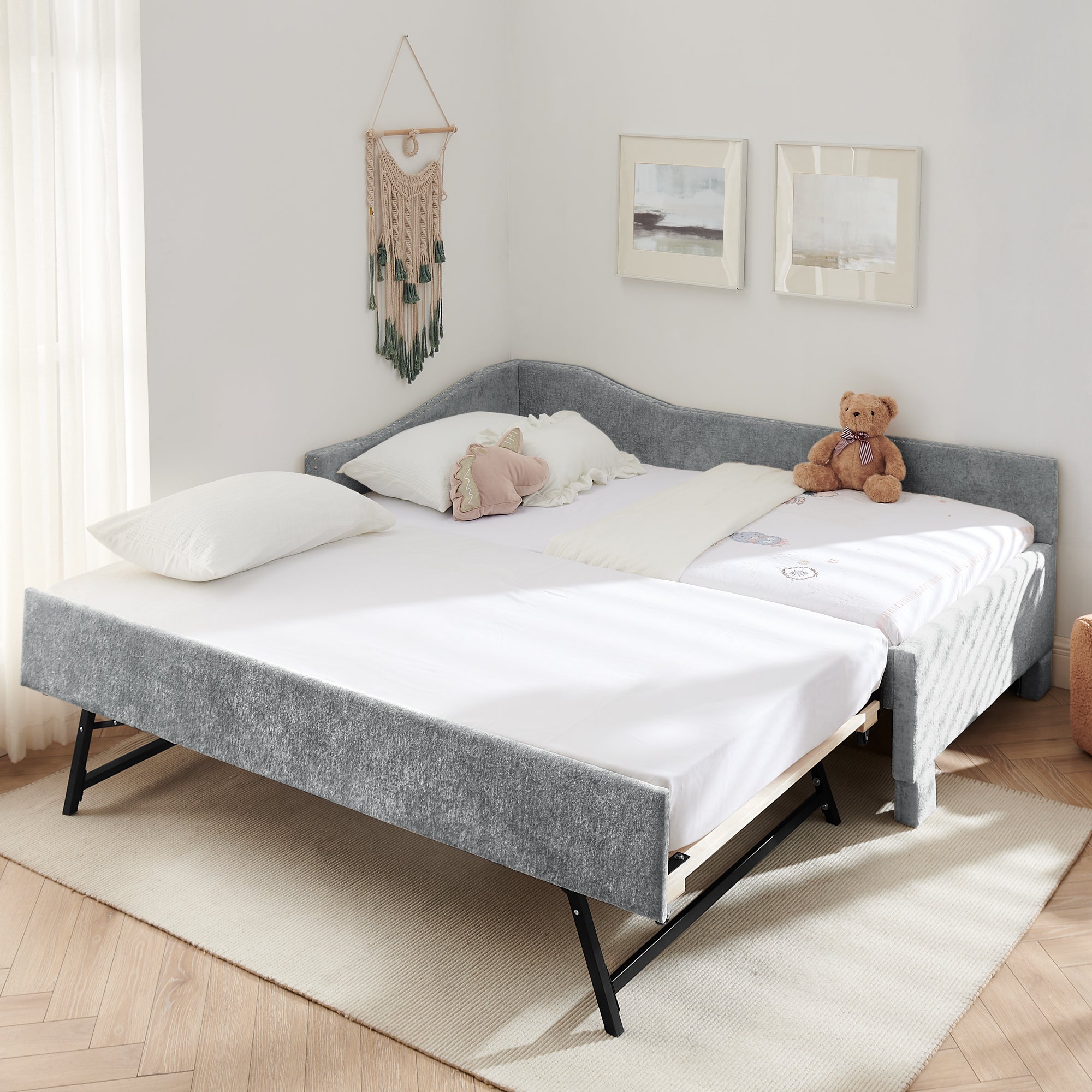 Twin Size Curved Round Edge Padded Backrest Daybed, Vintage Nailhead Trim Chenille Daybed with Pull-out Trundle and USB Port