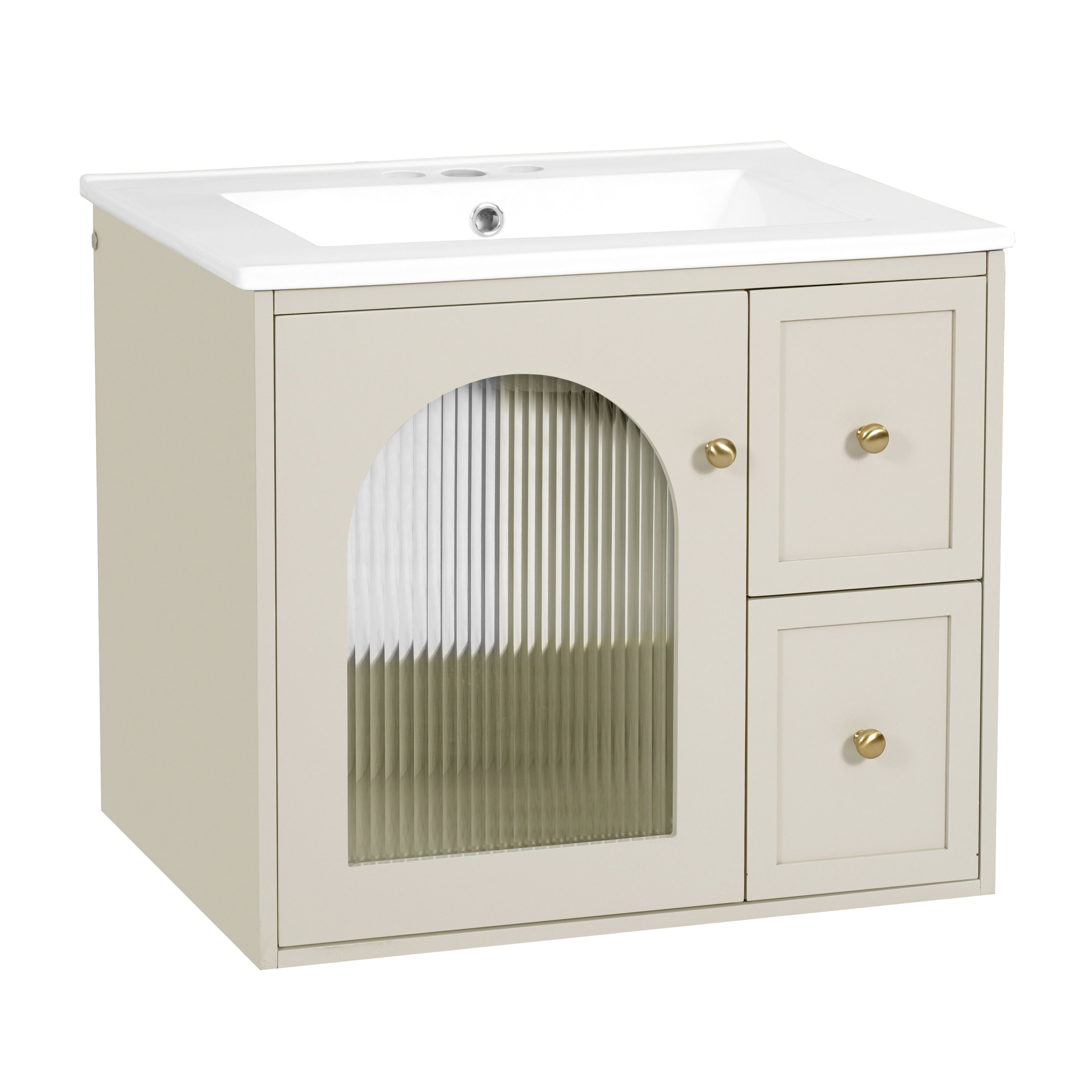 Modern Beige Wall-Mounted Bathroom Vanity Set with Ceramic Sink, 2 Drawers and Soft-Close Door, 24' x 18' x 21.75'
