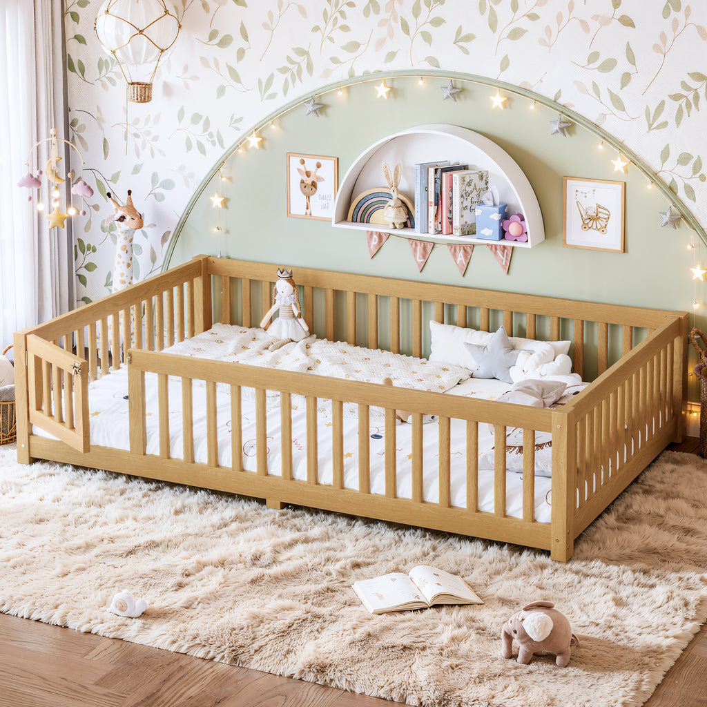 Queen Size Bed Floor Bed with Safety Guardrails and Door for Kids, Natural