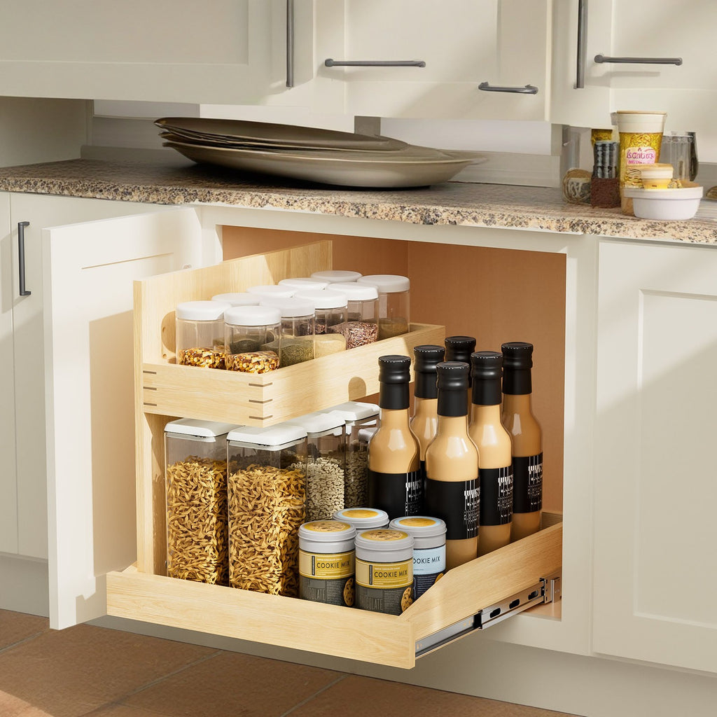 Under Sink Organizers and Storage 22½' W x 21' D, 2 Tier Pull Out Cabinet Organizer with Hard Close, Adjustable Pull Out Cabinet organizer with U Bracket for Bathroom Kitchen(Left)