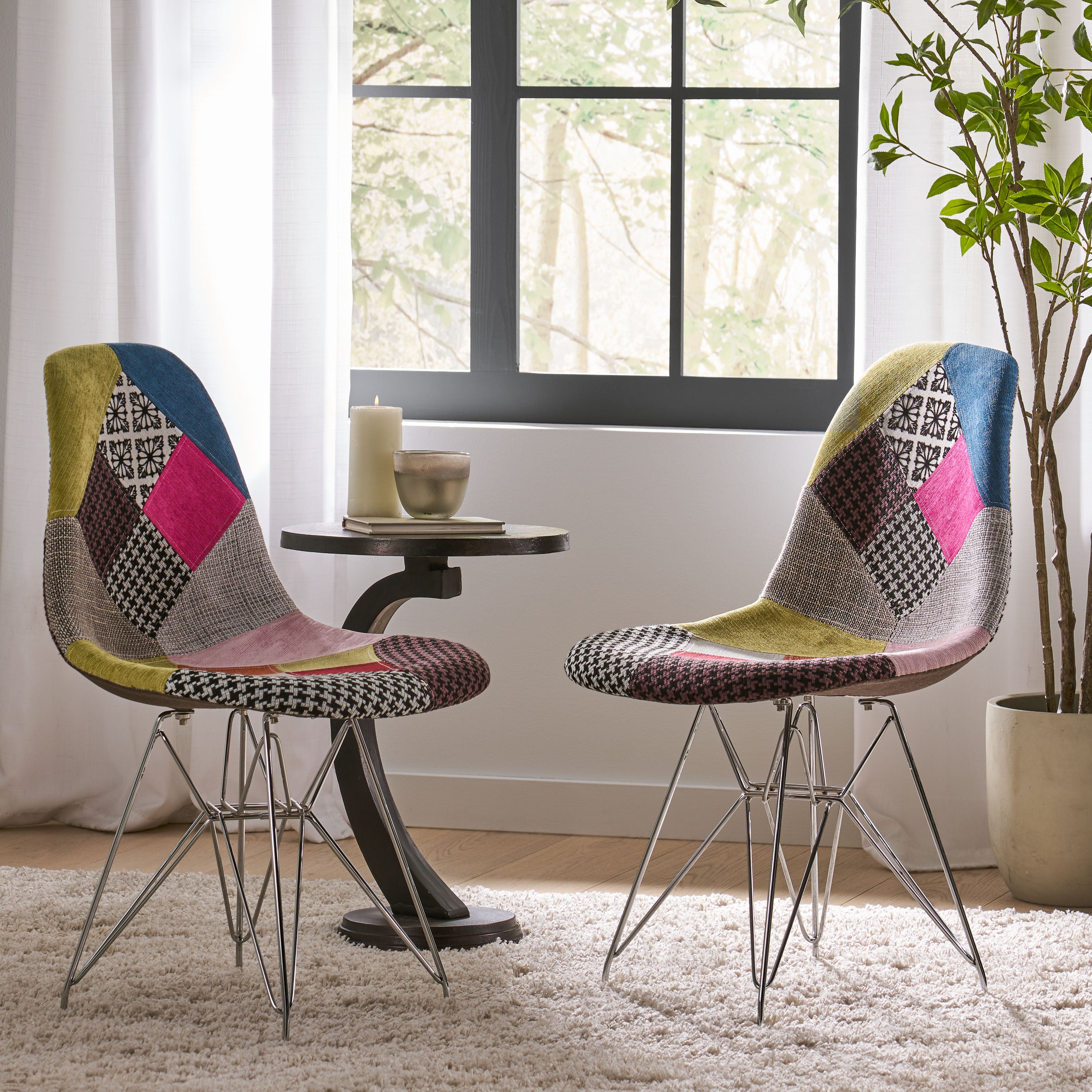 Patchwork Accent Chair Bohemian Style Fabric‎ Chair with Chromed Legs Geometric Pattern Chair, 18'D x 21'W x 32'H, Set of 2