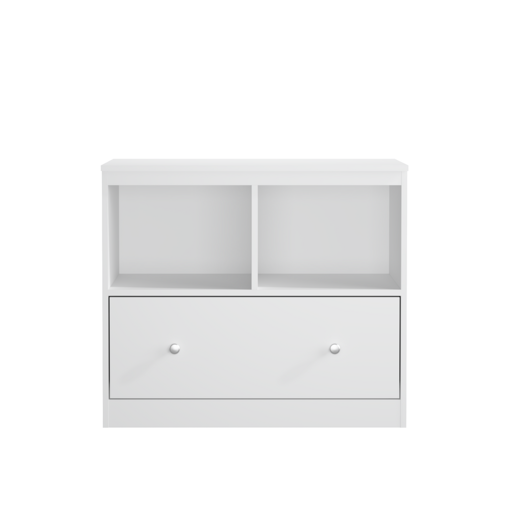 White Wooden Kids Toy Storage Organizer with Large Drawer and Low Bookshelf for Nursery & Playroom, Engineered Wood Cabinet for Books and Toys