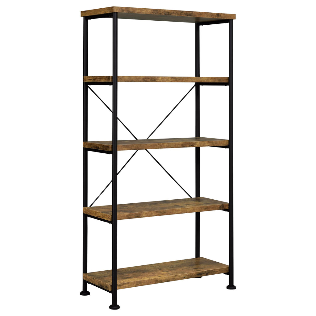 Antique Nutmeg and Black 4-Shelf Bookcase with Industrial Style, Wood and Steel Construction, 63H x 31.5W x 14.25D