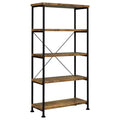 Antique Nutmeg and Black 4-Shelf Bookcase with Industrial Style, Wood and Steel Construction, 63H x 31.5W x 14.25D