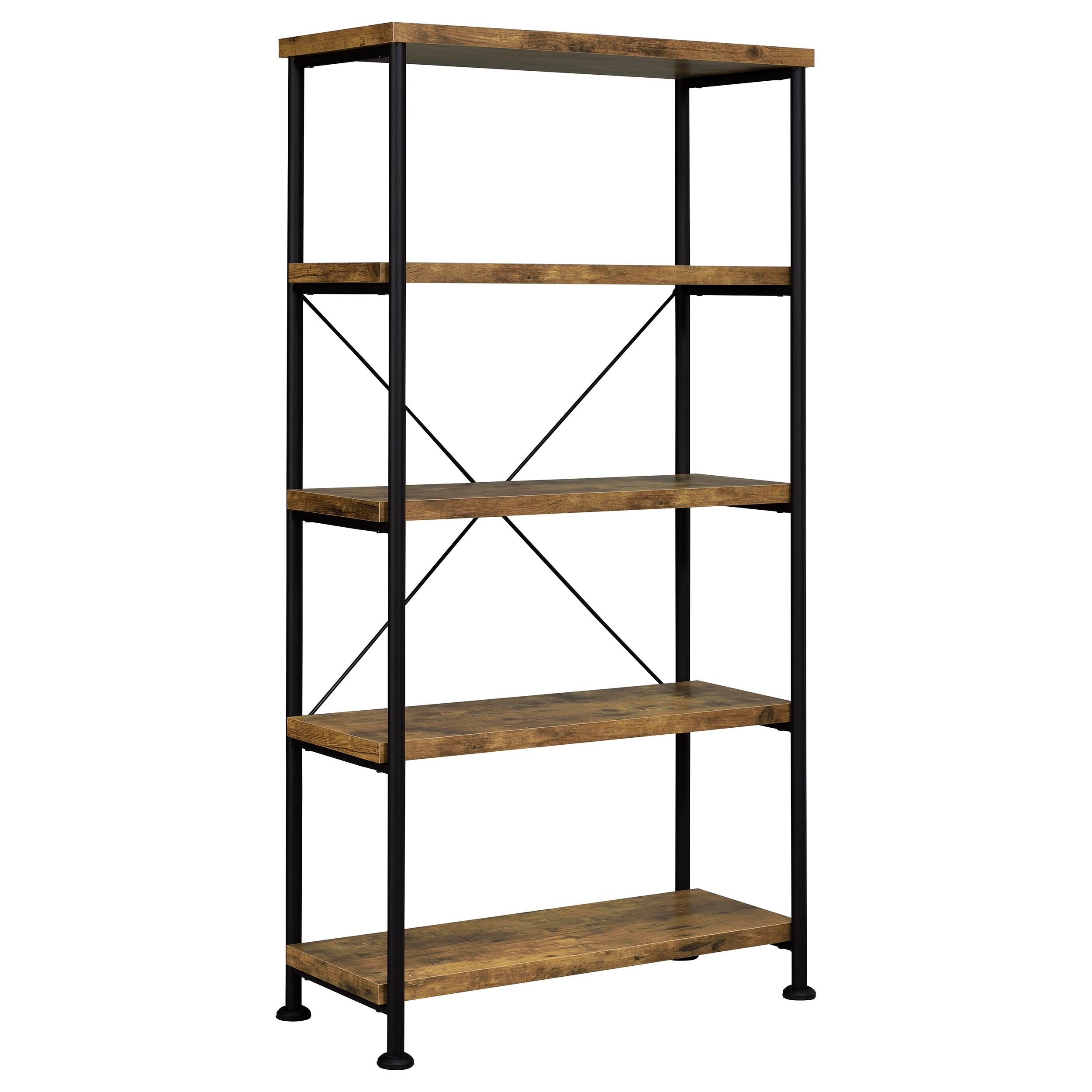 Antique Nutmeg and Black 4-Shelf Bookcase with Industrial Style, Wood and Steel Construction, 63H x 31.5W x 14.25D