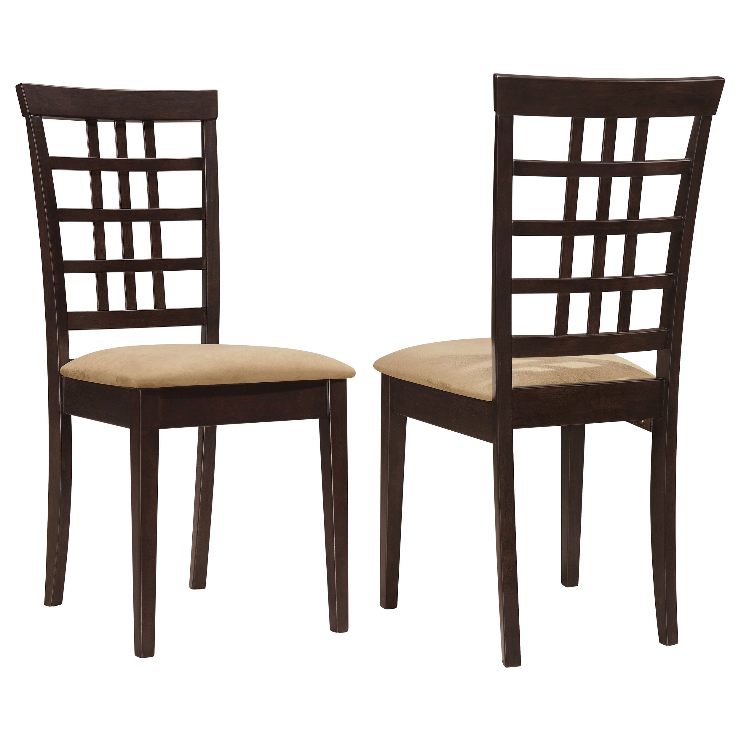 Cappuccino and Beige Lattice Back Side Chair Set of 2 with Upholstered Seat in Wood and Fabric