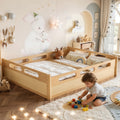 Queen Size Floor Platform Bed with Full-length Guardrails, Low Profile Queen Bed Frame, No Box Spring Needed, Natural