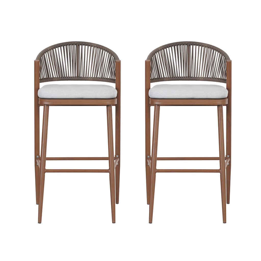 Outdoor 30.25' Bar Height  Aluminum Frame Counter Stools with Scallop-shaped Backrest & Water-resistant Cushions, Set of 2, Teak Finish
