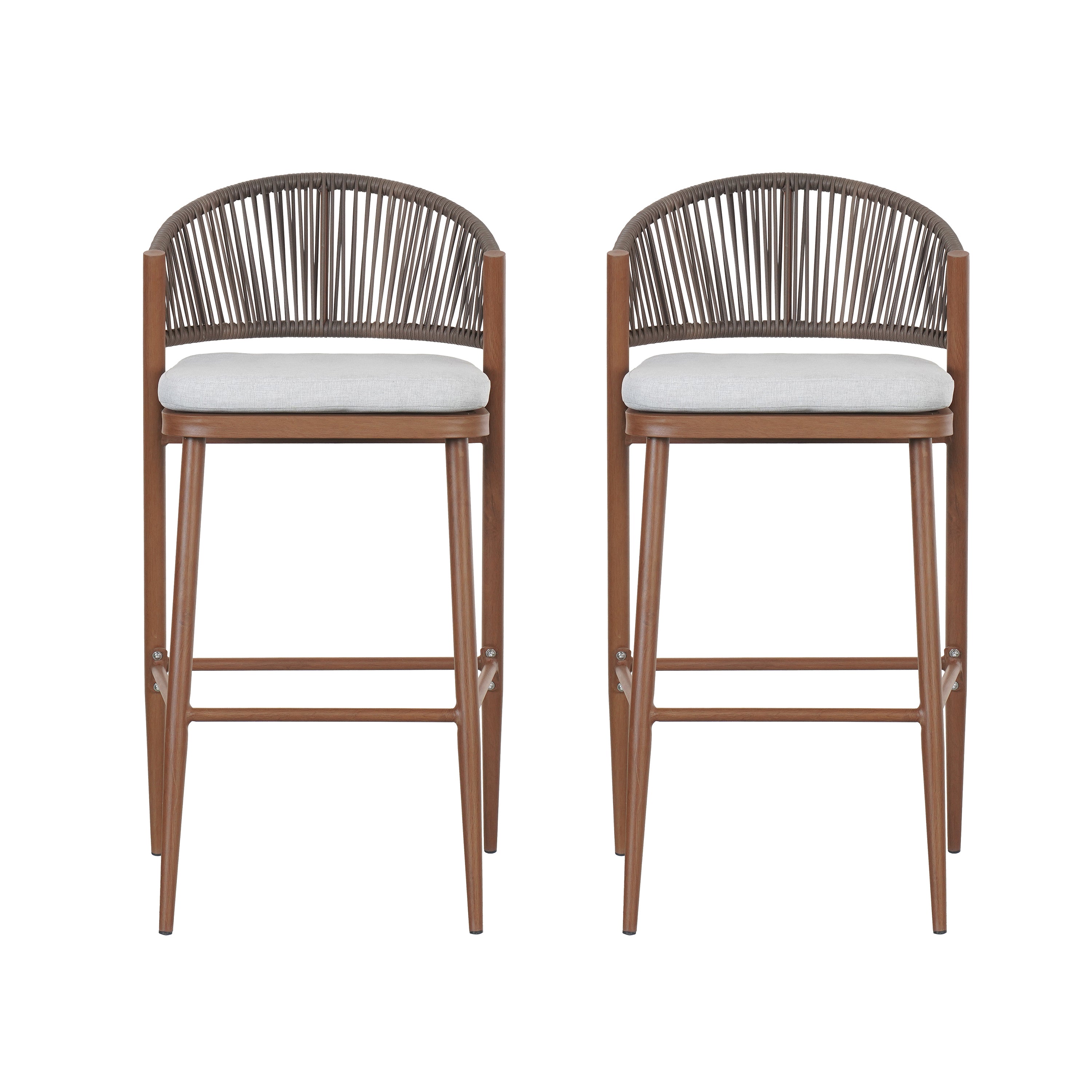 Outdoor 30.25' Bar Height  Aluminum Frame Counter Stools with Scallop-shaped Backrest & Water-resistant Cushions, Set of 2, Teak Finish