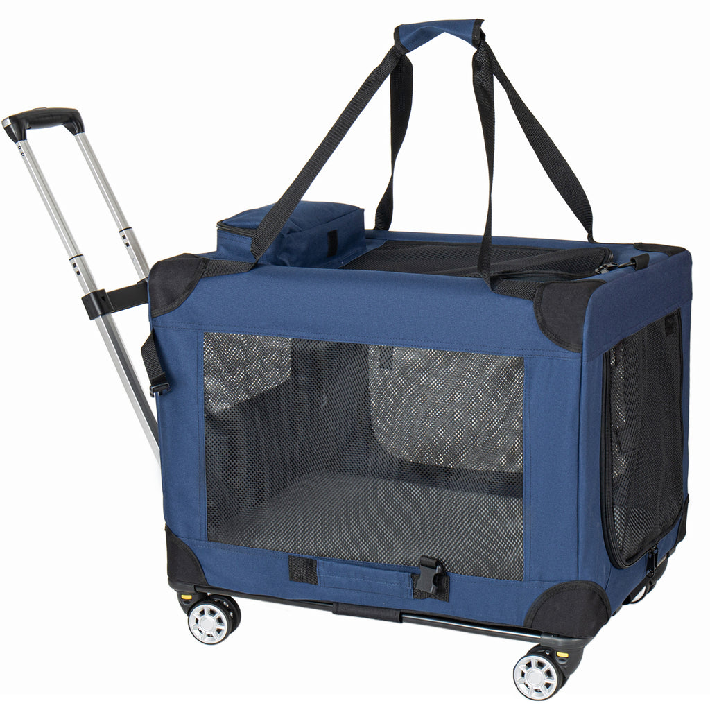 2 in 1, 24'' Collapsible Travel Dog Crate for Medium Large Dogs, Rolling Pet Carrier with Wheels, 3-Door Portable Folding Pet Kennel with Mesh Windows, Indoor Outdoor Travel Use, Dark Blue
