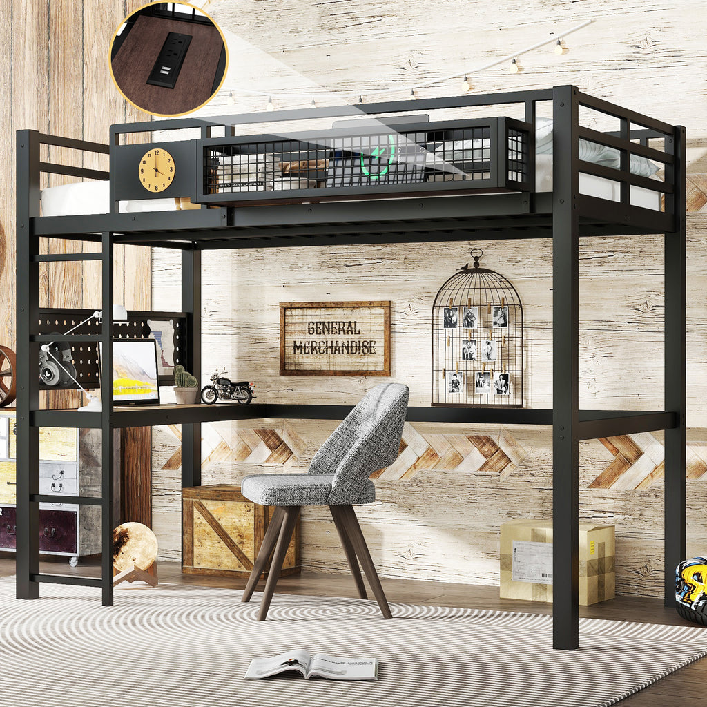 Twin XL Size Loft Bed Frame with desk, storage basket,Metal Loft Bed with clock,and charging port,Black