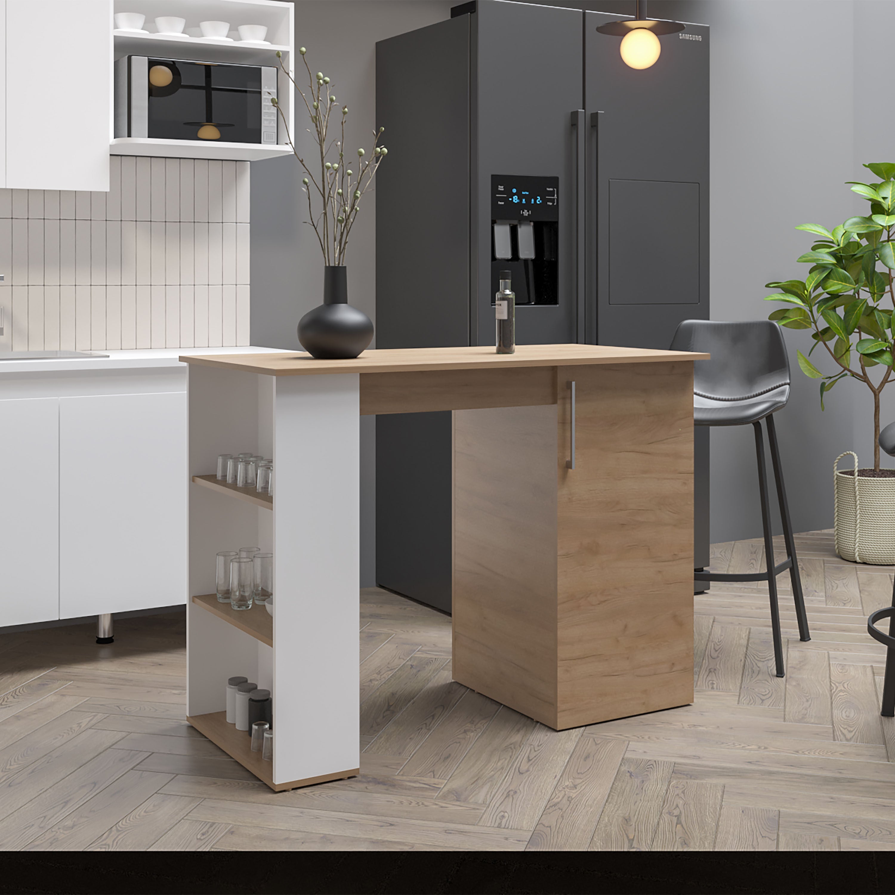 Allen 47' Wide Kitchen Island One Cabinet and Five Shelves, Bar Table, Dinning Table. Pub Table White- Natural Oak