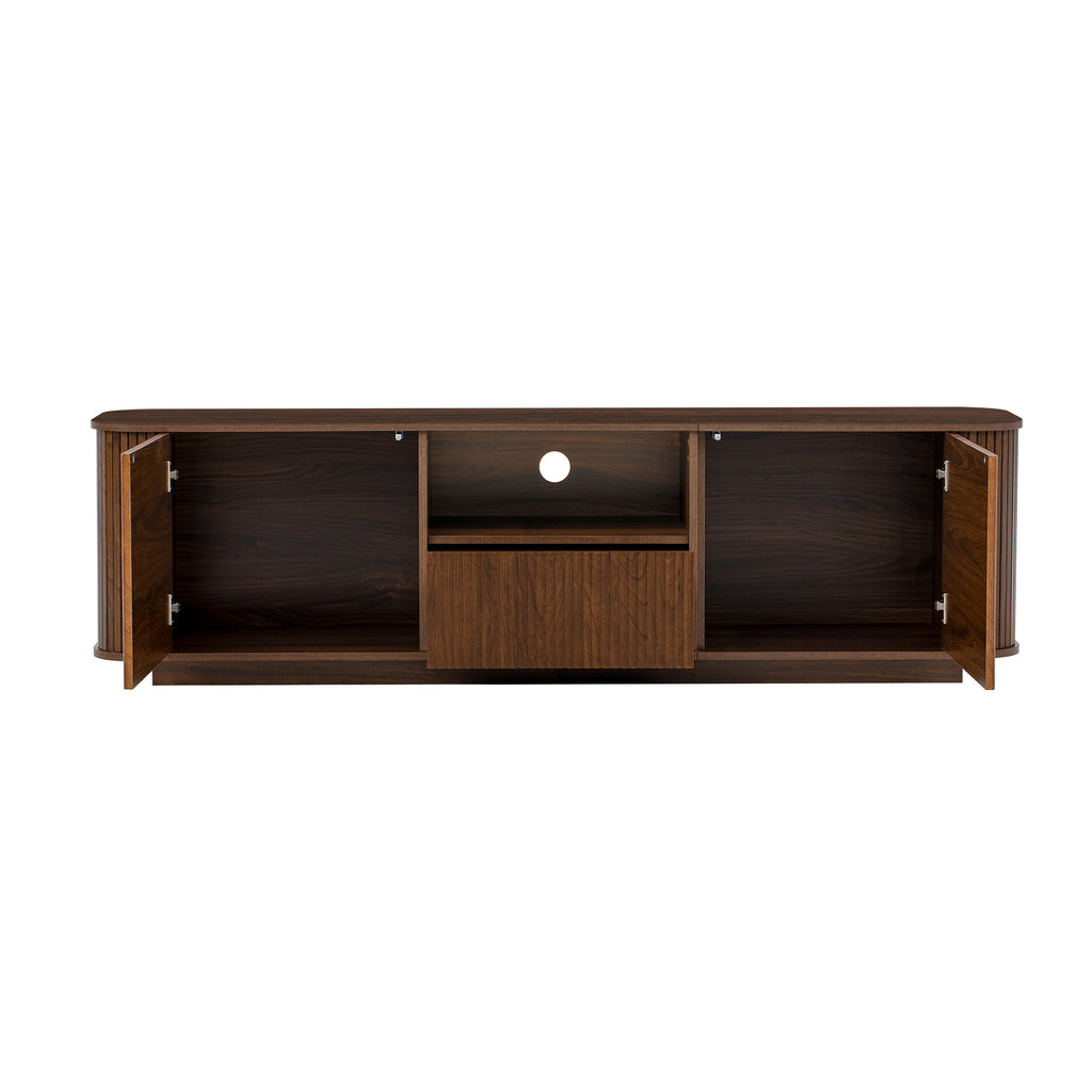 70-inch Modern TV Stand for TVs up to 80 inches, Dark Brown Woodgrain Finish with Ample Storage, Curved Corners, MDF Construction, 70.9'' L x 15.6'' W x 19.9'' H