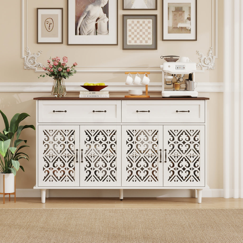 Vintage Sideboard Buffet Cabinet with Hand-Carved Geometric Doors, Distressed Light Wood Finish with Contrast Design, 2 Drawers 4 Doors Storage Cabinet, Adjustable Feet, Raised Base for Easy Cleaning
