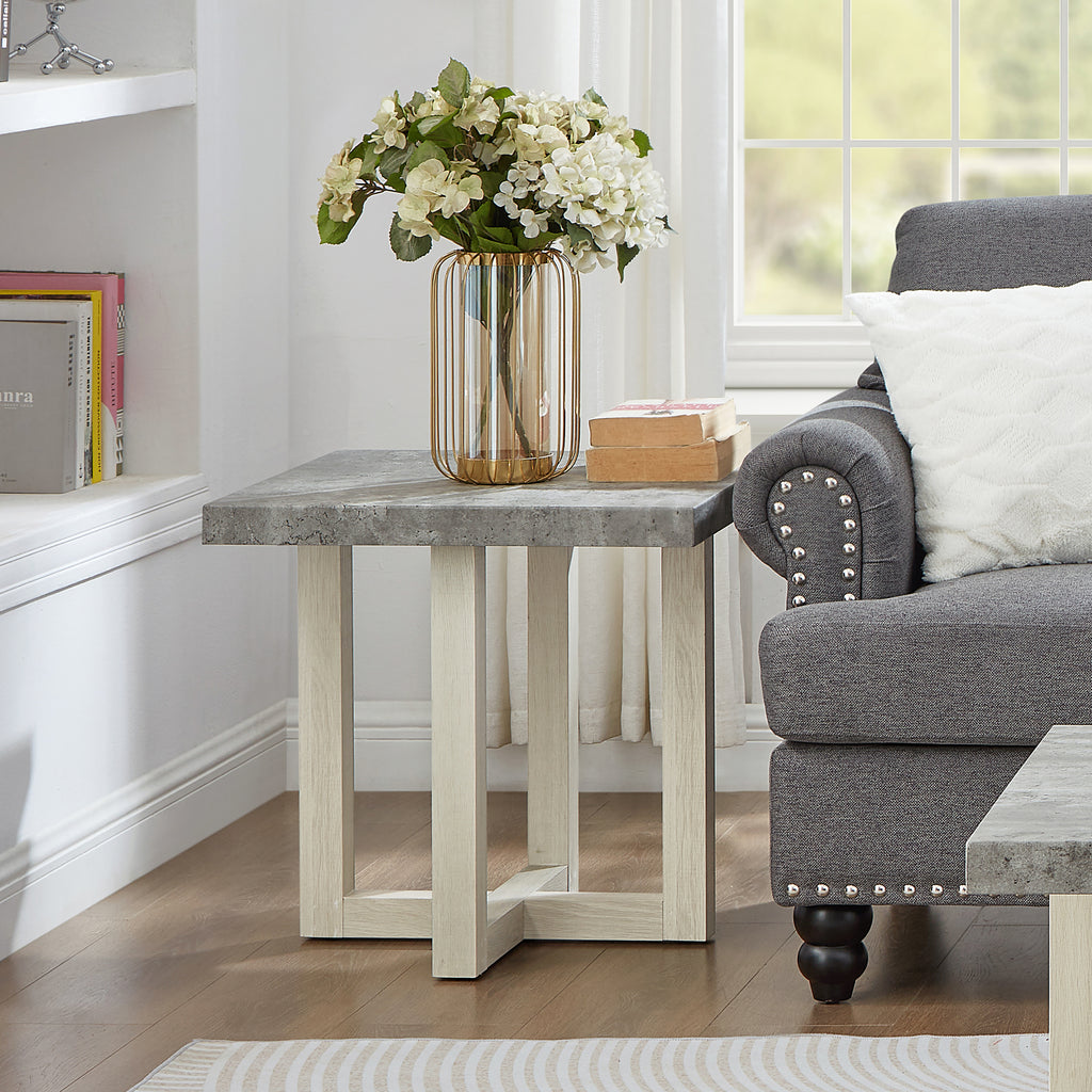Luno Contemporary End Table, Faux Concrete and White