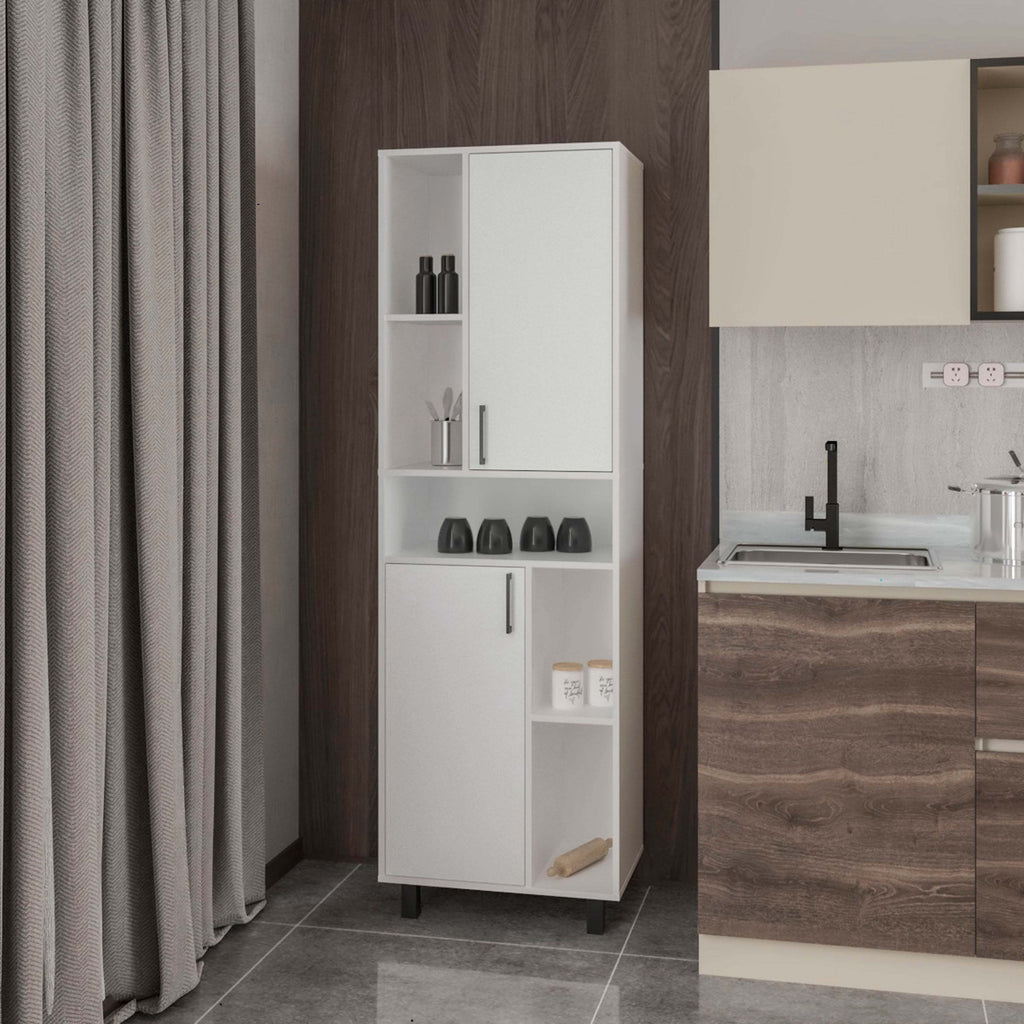 White Kitchen Pantry with Open Storage and 2 Doors