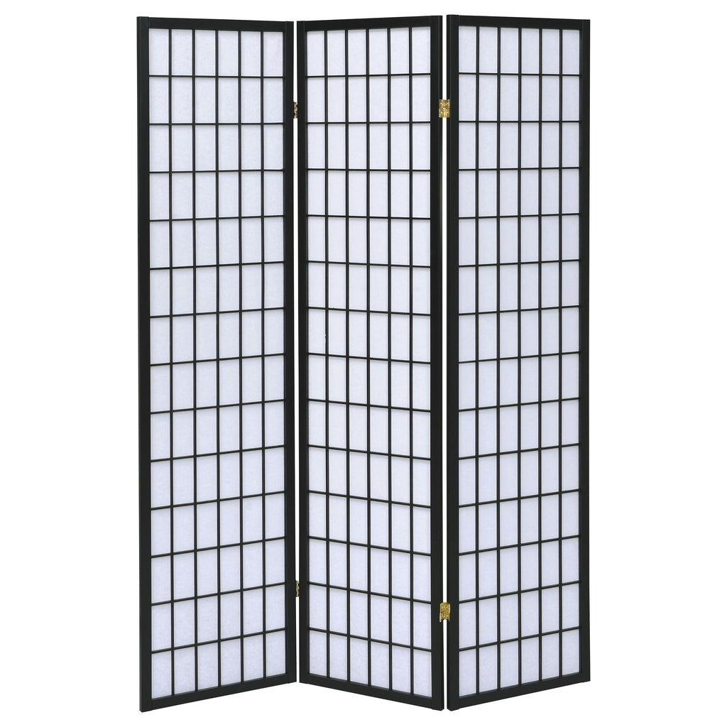 Porch & Den Black 3-Panel Room Divider Folding Shoji Screen with Rubberwood Frame and White Paper Panels, 70.25H x 52W inches