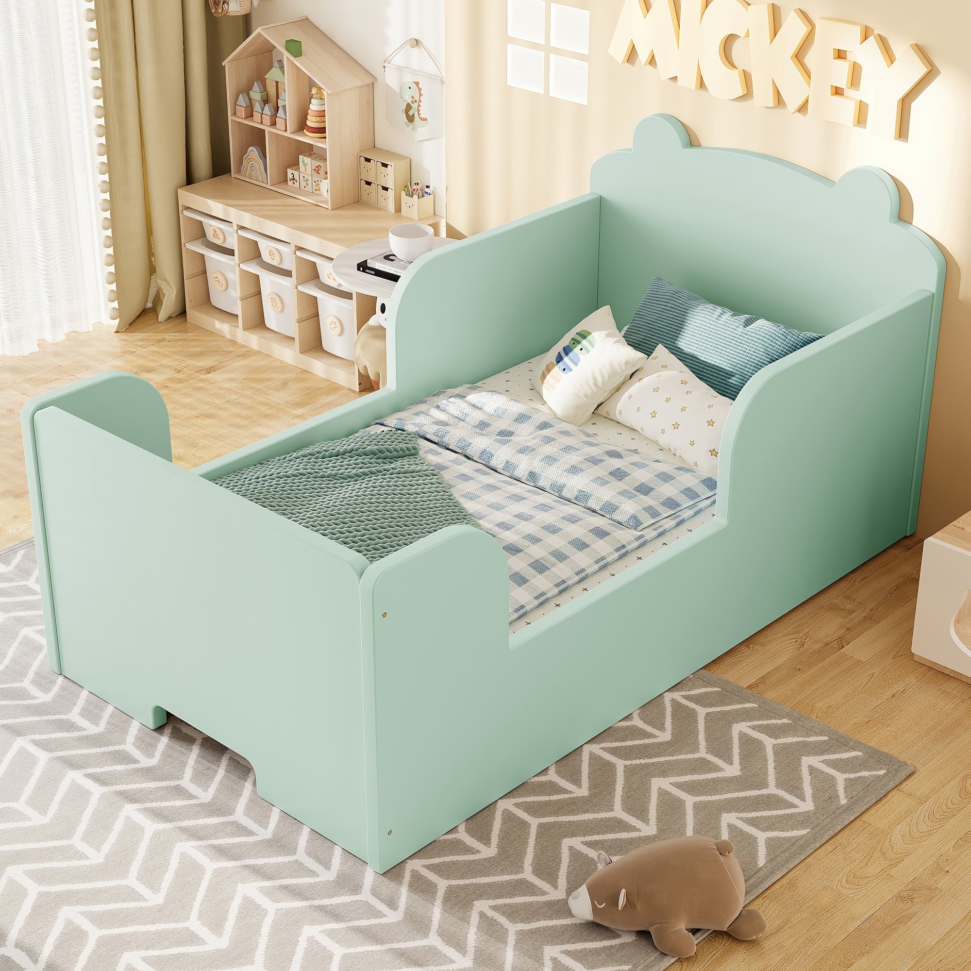 Toddler Floor Bed Frame, Cot Bed for Boys and Girls Ages 3-6, Bear Shape Toddler Bed, Green
