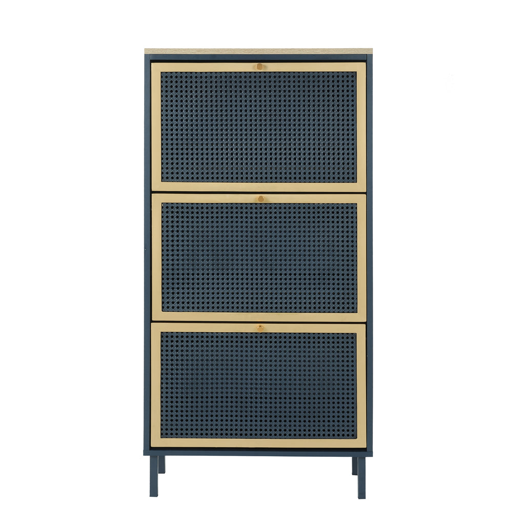 3-Door Metal Shoe Rack, Freestanding Modern Shoe Storage Cabinet with Metal Rattan - Blue-Gray Particle Board - For Entryway