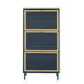 3-Door Metal Shoe Rack, Freestanding Modern Shoe Storage Cabinet with Metal Rattan - Blue-Gray Particle Board - For Entryway