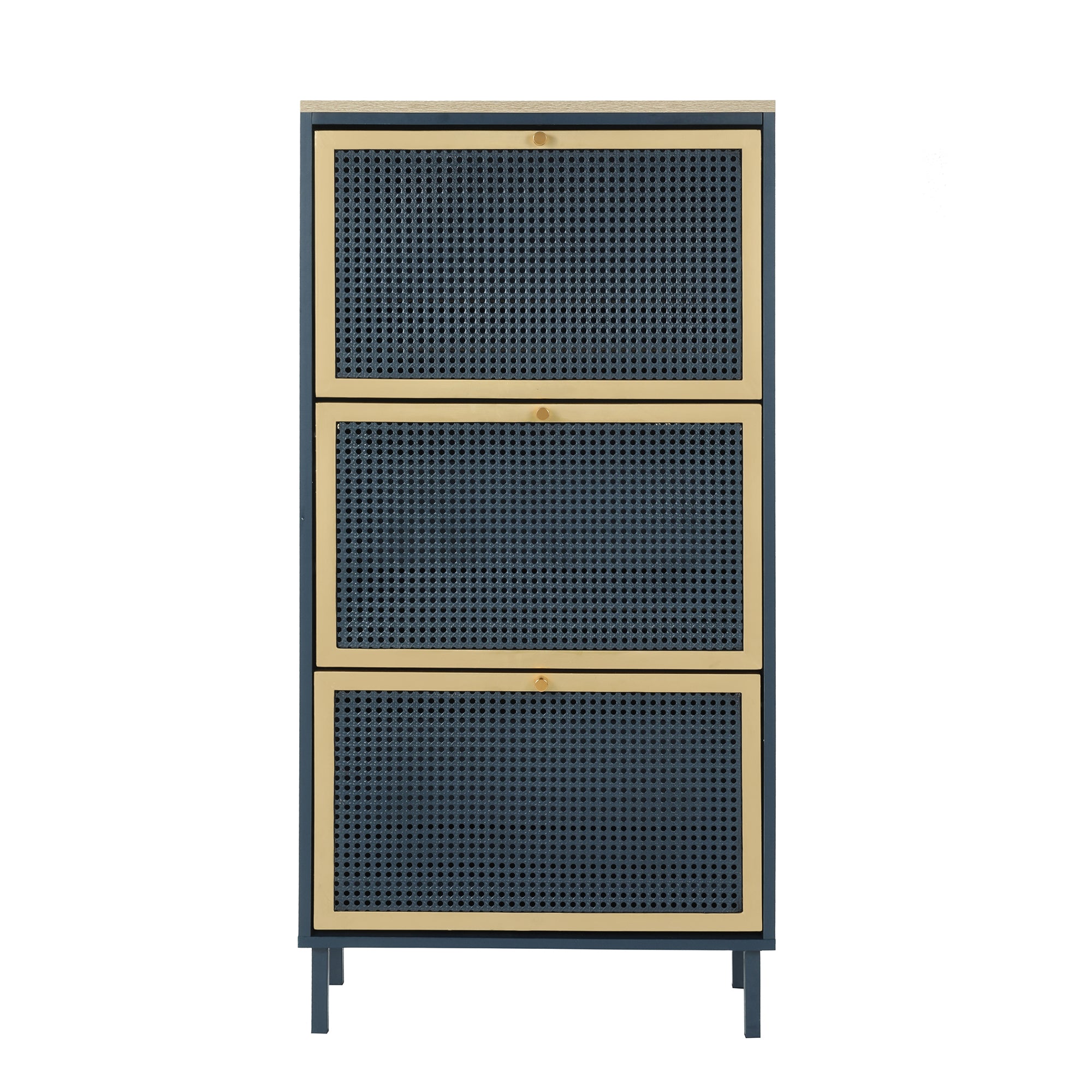 3-Door Metal Shoe Rack, Freestanding Modern Shoe Storage Cabinet with Metal Rattan - Blue-Gray Particle Board - For Entryway