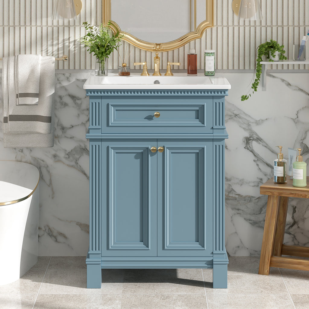 24'' Vintage Elegance Bathroom Cabinet with Soft Closing Doors and Adjustable Shelf, Bathroom Vanity with Ceramic Sink
