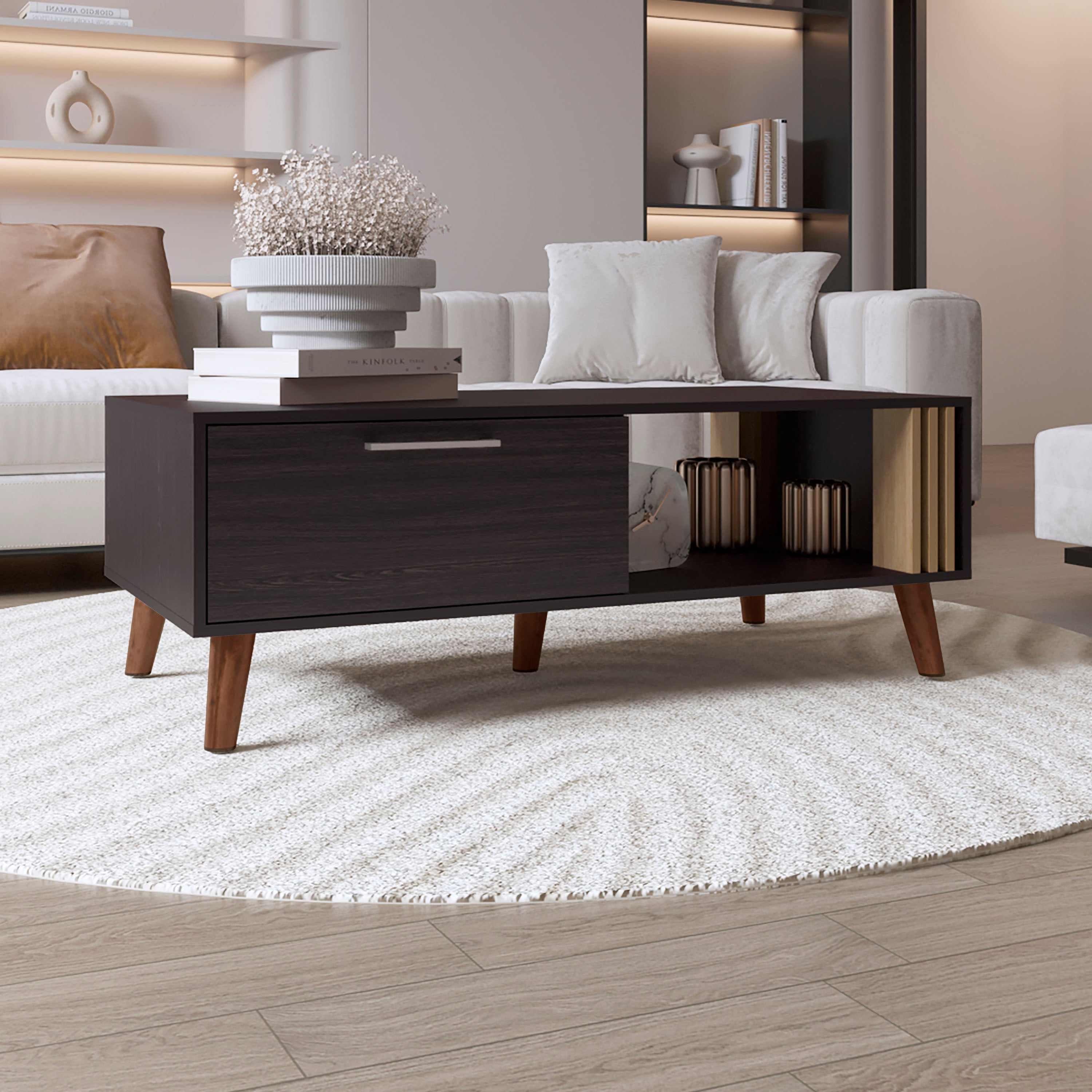 Vance 47' Wide Coffee Table with One Open Shelf and One pull Down Cabinet Door, Living Room, Storage Black Wengue and Natural Oak
