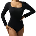 L Size Black Women's Long Sleeve Triangle Bodysuit Slim Top Comfortable Square Neck Casual Original Overall Spandex Crewneck Minimalist Skinny