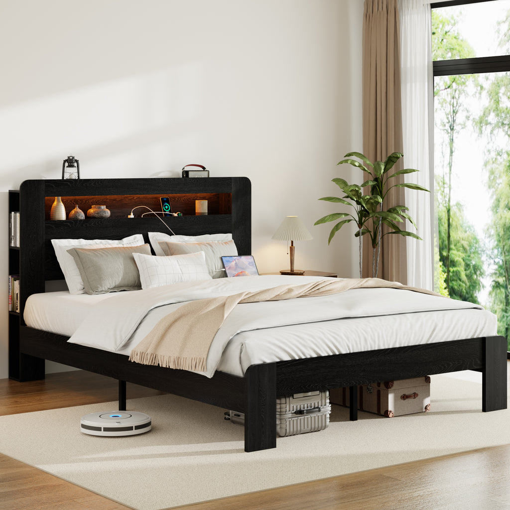 Bed Frame Full Size, Wood Platform Bed Frame with Storage LED Light Headboard and 2 USB , Noise Free,No Box Spring Needed and Easy Assembly Tool,Large Under Bed Storage,Dark Black