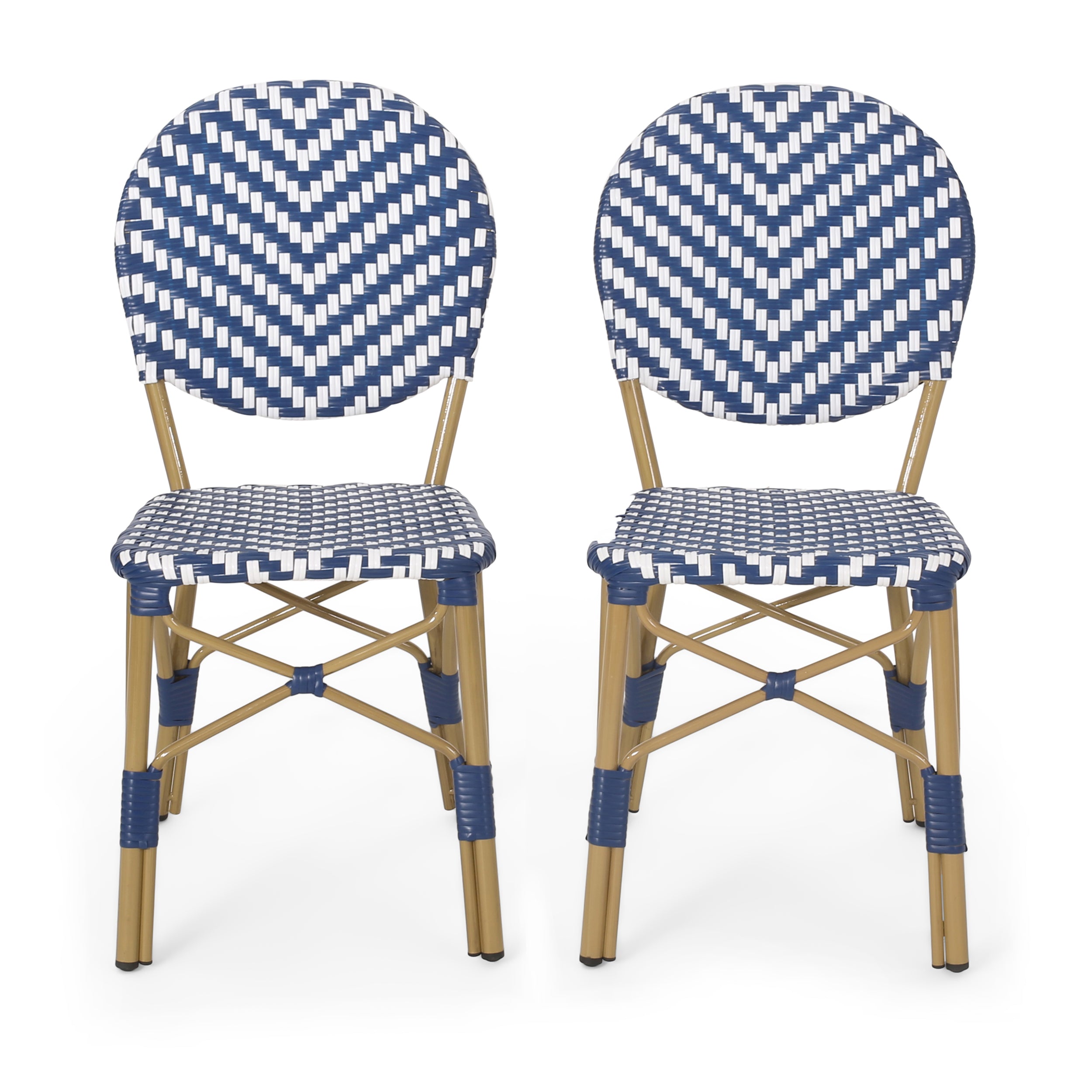 Outdoor PE Rattan and Aluminum French Armless Bistro Chairs Set, Navy Blue Bamboo Print Finish