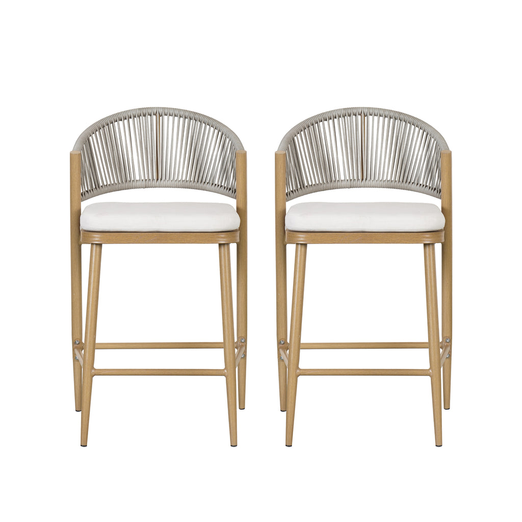 Outdoor 26' Counter Height Aluminum Frame Counter Stools with Scallop-shaped Backrest & Water-resistant Cushions, Set of 2, Maple Finish