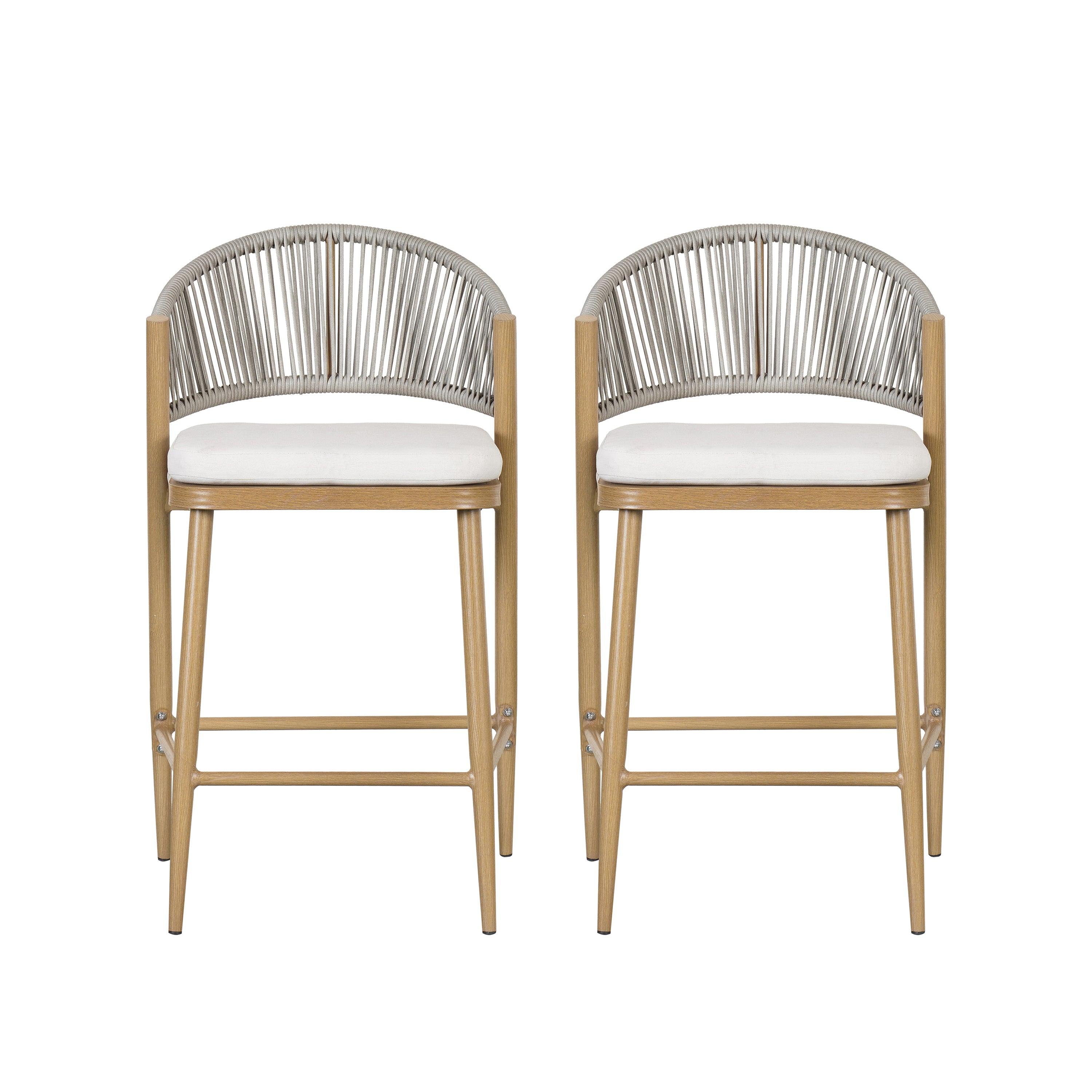 Outdoor 26' Counter Height Aluminum Frame Counter Stools with Scallop-shaped Backrest & Water-resistant Cushions, Set of 2, Maple Finish