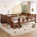 Full Size Floor Bed with Storage Bookcases, Solid Wood Kids Floor Bed with Cute Stairs and Guardrails, No Box Spring Needed, Natural