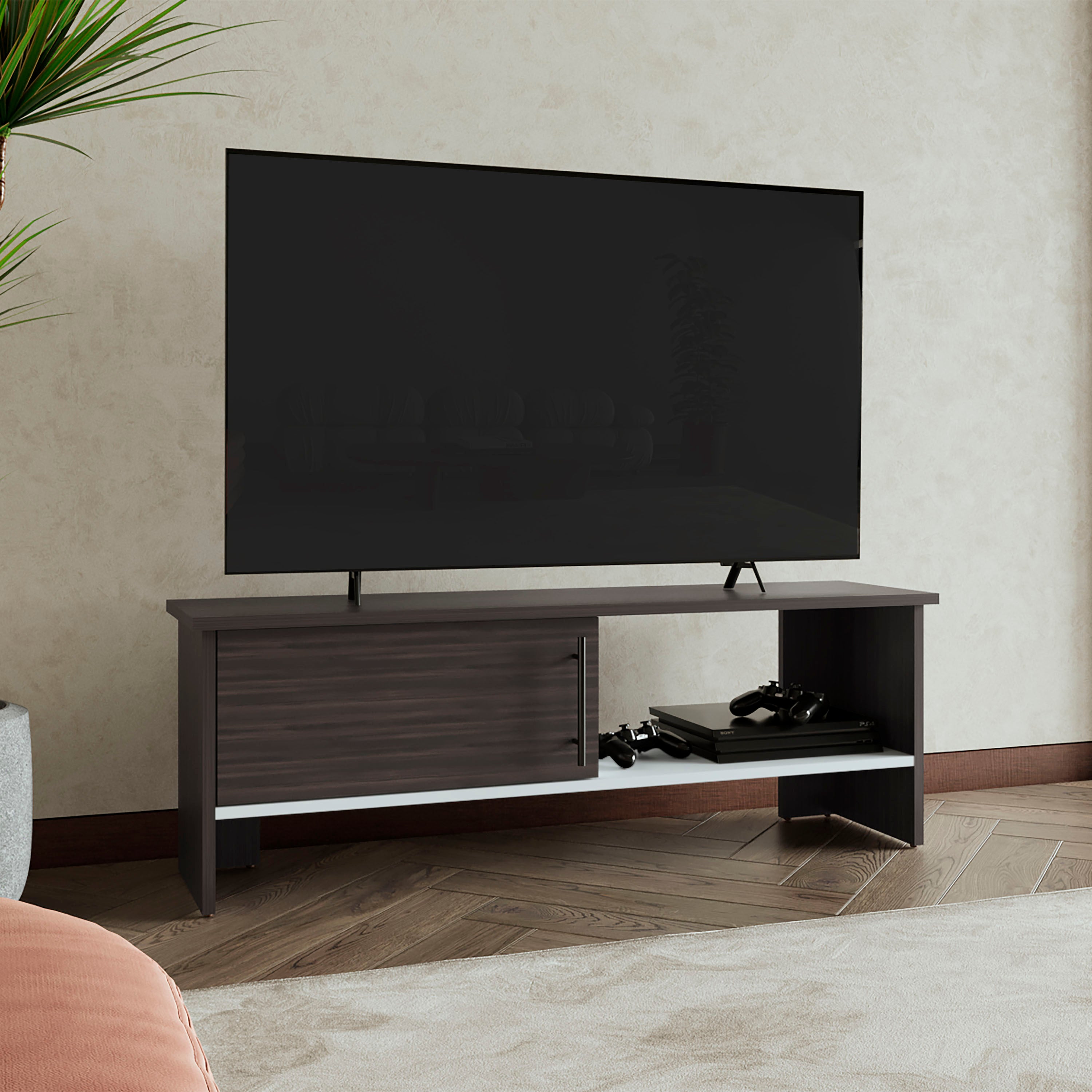 Navia 47' Wide Tv Stand with One Door Cabinet and Open Shelf  for Living Room, Entertainment Center Dark Walnut - White