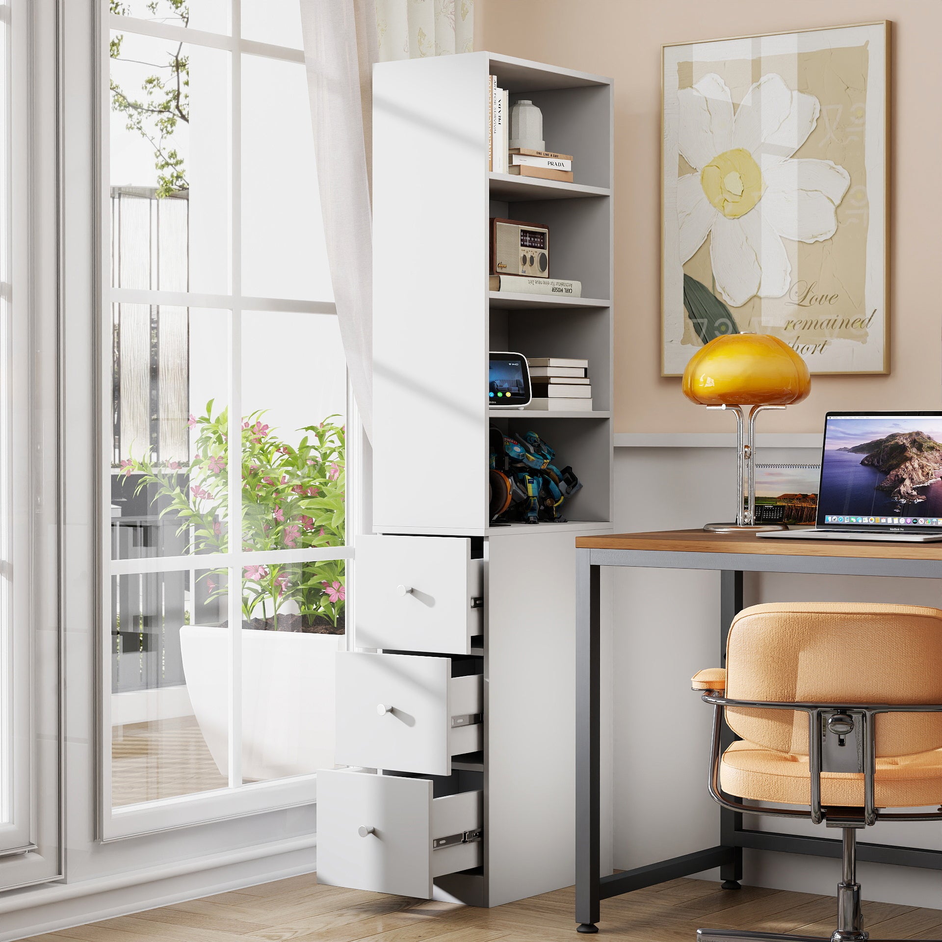 70.87' H Display Storage  Cabinet , 4-Tier Shelf, 3 Side Drawers , Modern Wooden Tall Bookshelf Bookcase for Living Room Home Office