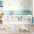 Twin Size Bed Floor Bed with Safety Guardrails and Door for Kids, White