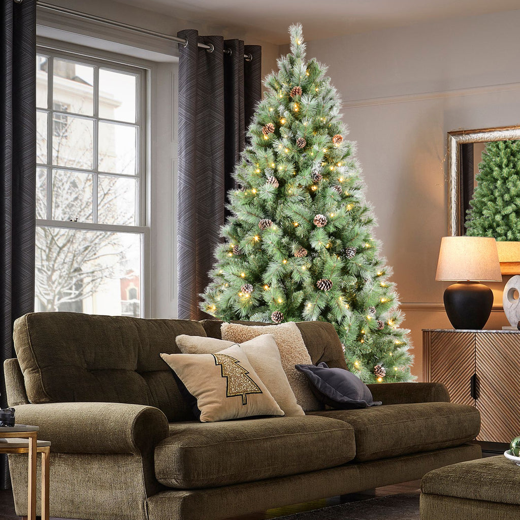 8FT Christmas Tree with 550 Warm White LED Lights – 1858 PVC & Hard Needle Tips, 102 Pine Cones, Hinged Branch Design, Sturdy Metal Stand – Full Realistic Holiday Tree