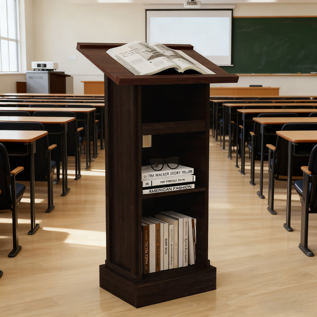 Wood Podium Stand, 44' Tall Wooden Lectern with Mic Stand Space, 1 sliding shelf with cup holder and 1 fixed shelf, for Churches, Seminars and Schools-Rustic Brown
