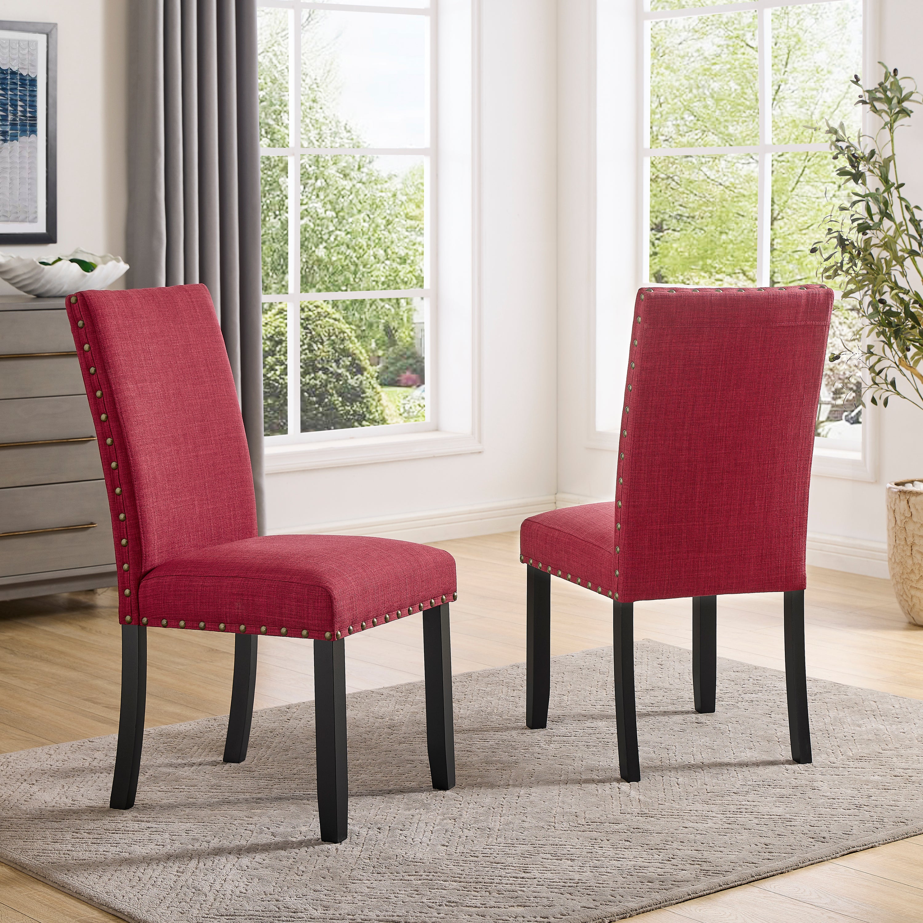 Biony Fabric Dining Chairs with Nailhead Trim, Set of 2, Red