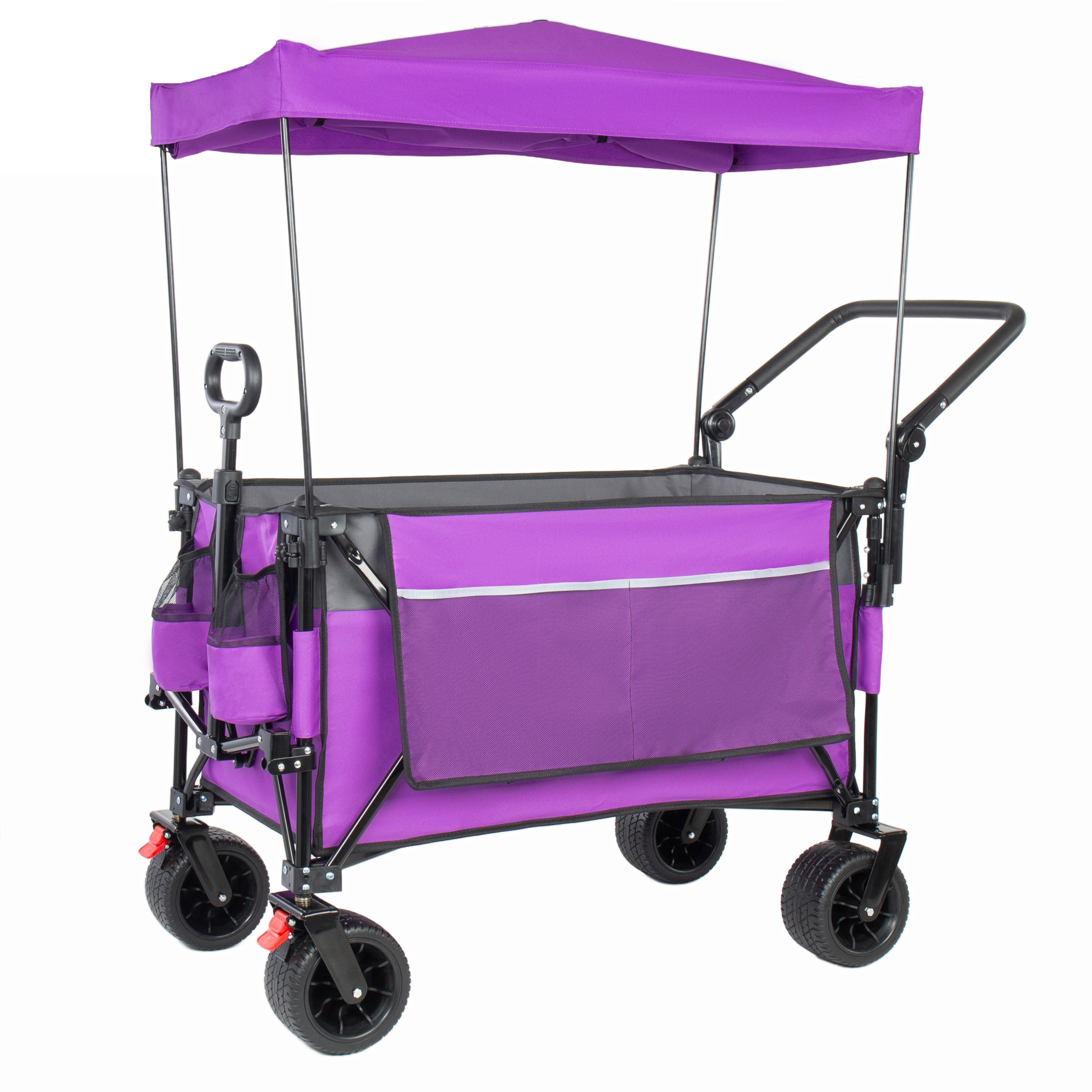 Multi-Functional Push-Pull Folding Wagon Cart with Rotating Handle & Canopy, 7''x4''All-Terrain Wheels & Brakes, Load Capacity 480lbs, 300L Large Capacity for Transport, Groceries, Outdoor Use, Purple