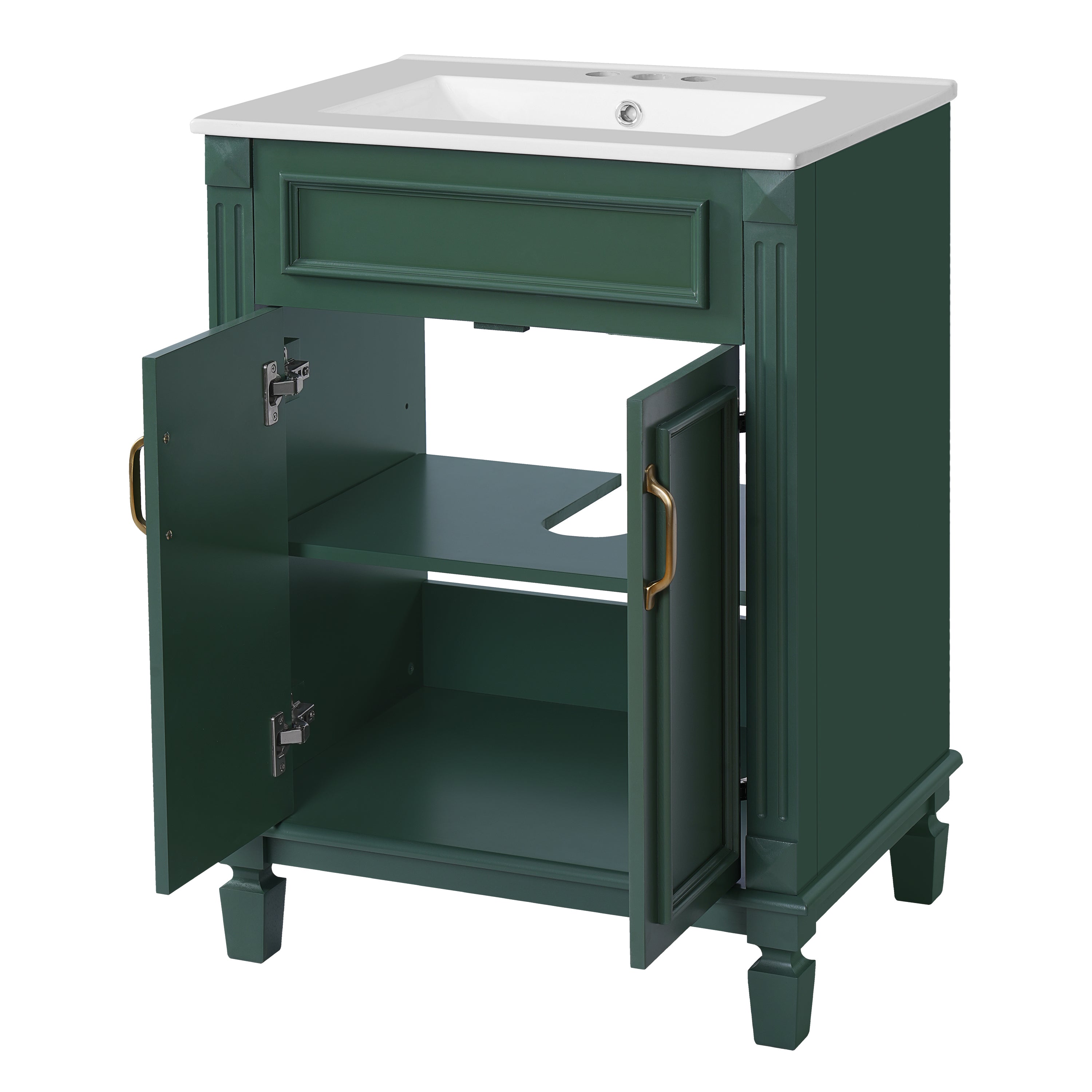 Modern Green Bathroom Vanity with Top Sink, Solid Wood Frame Cabinet, 2 Soft-Closing Doors, Ceramic Basin, 24''
