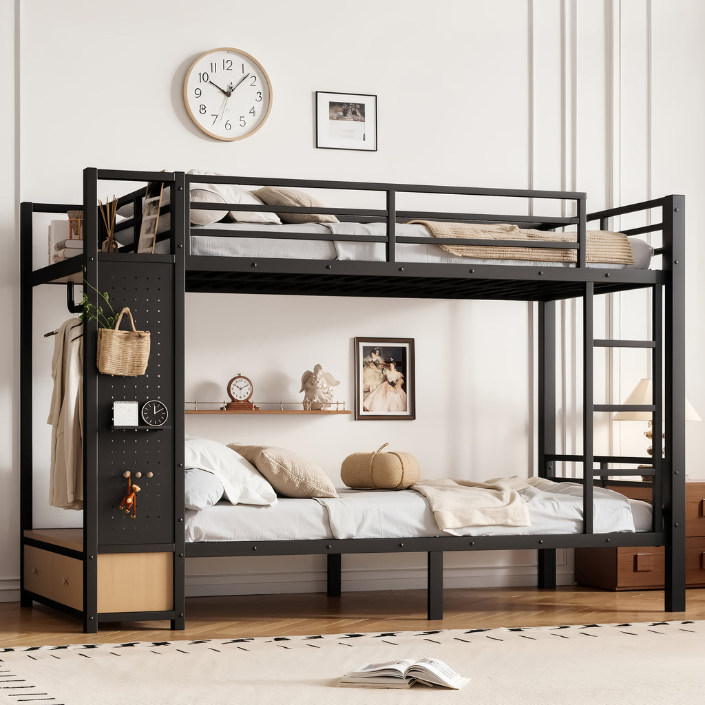 Twin XL over Twin XL size Metal Bunk Bed for Teens  with Storage Shelves ,Drawers and Pegboard,Black