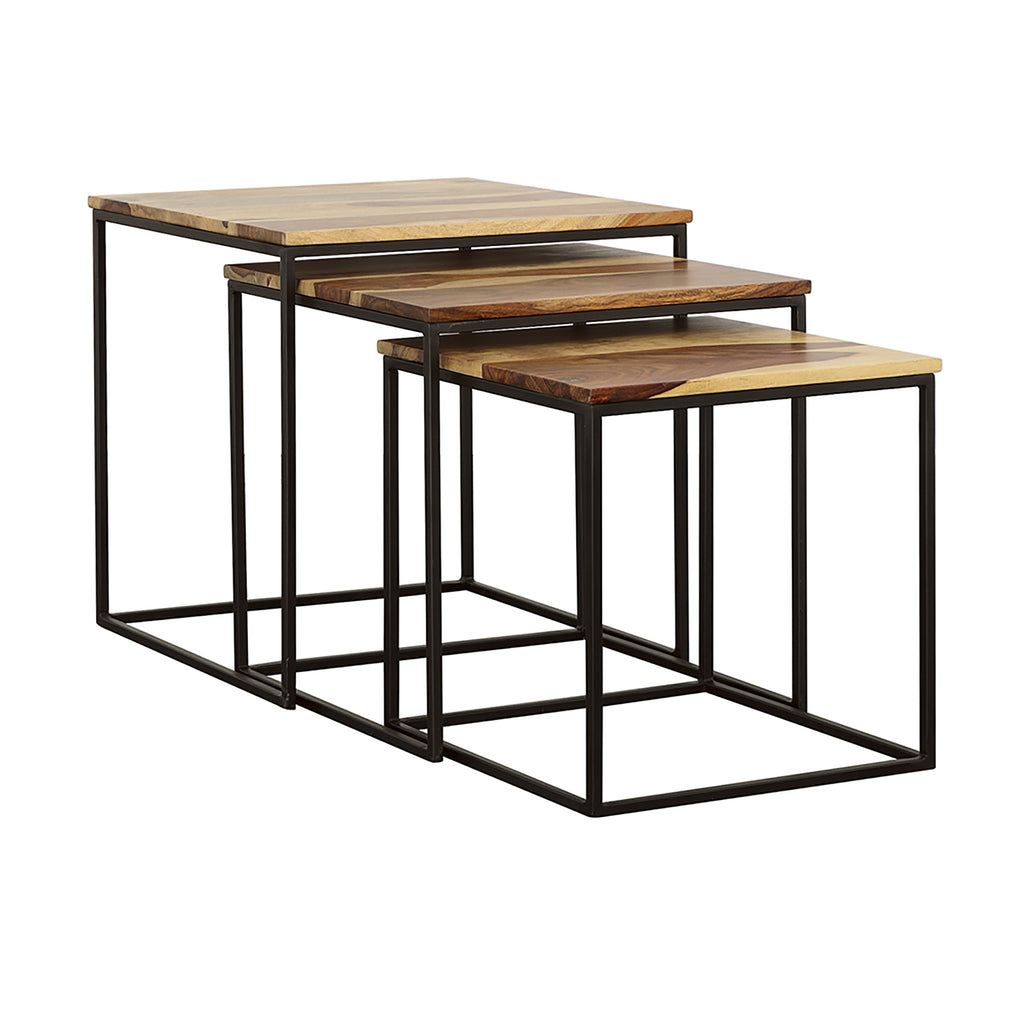 Natural and Black 3-Piece Nesting Table Set with Sheesham Wood Tops and Powder Coated Metal Bases