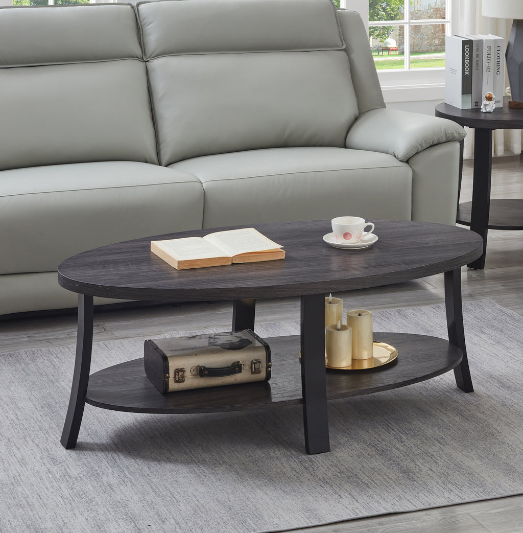 Anze Contemporary Oval Wood Shelf Coffee Table in Charcoal Finish